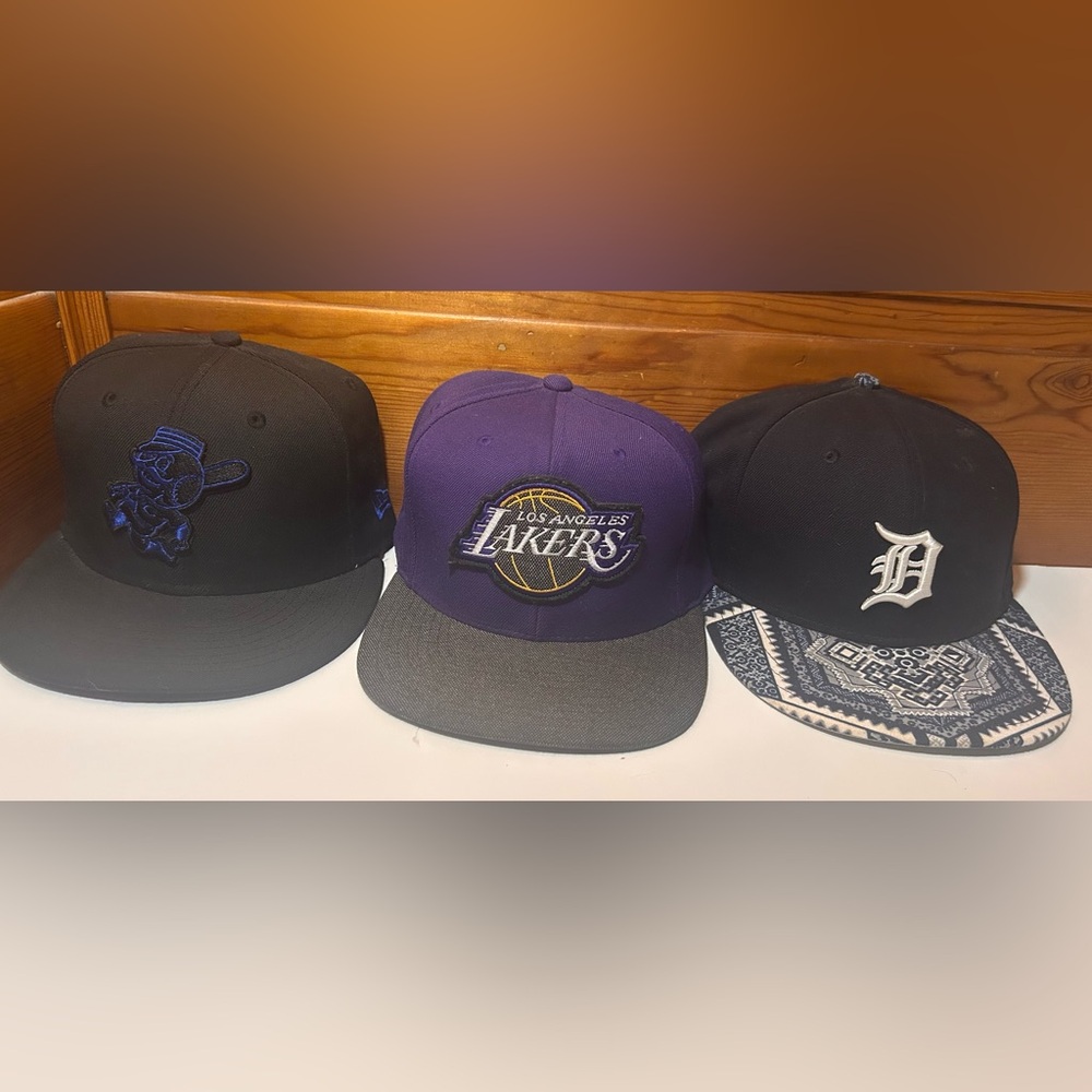3 hat bundle LA Lakers Purple and Detroit blue Gray Cap and blue black Pittsburg